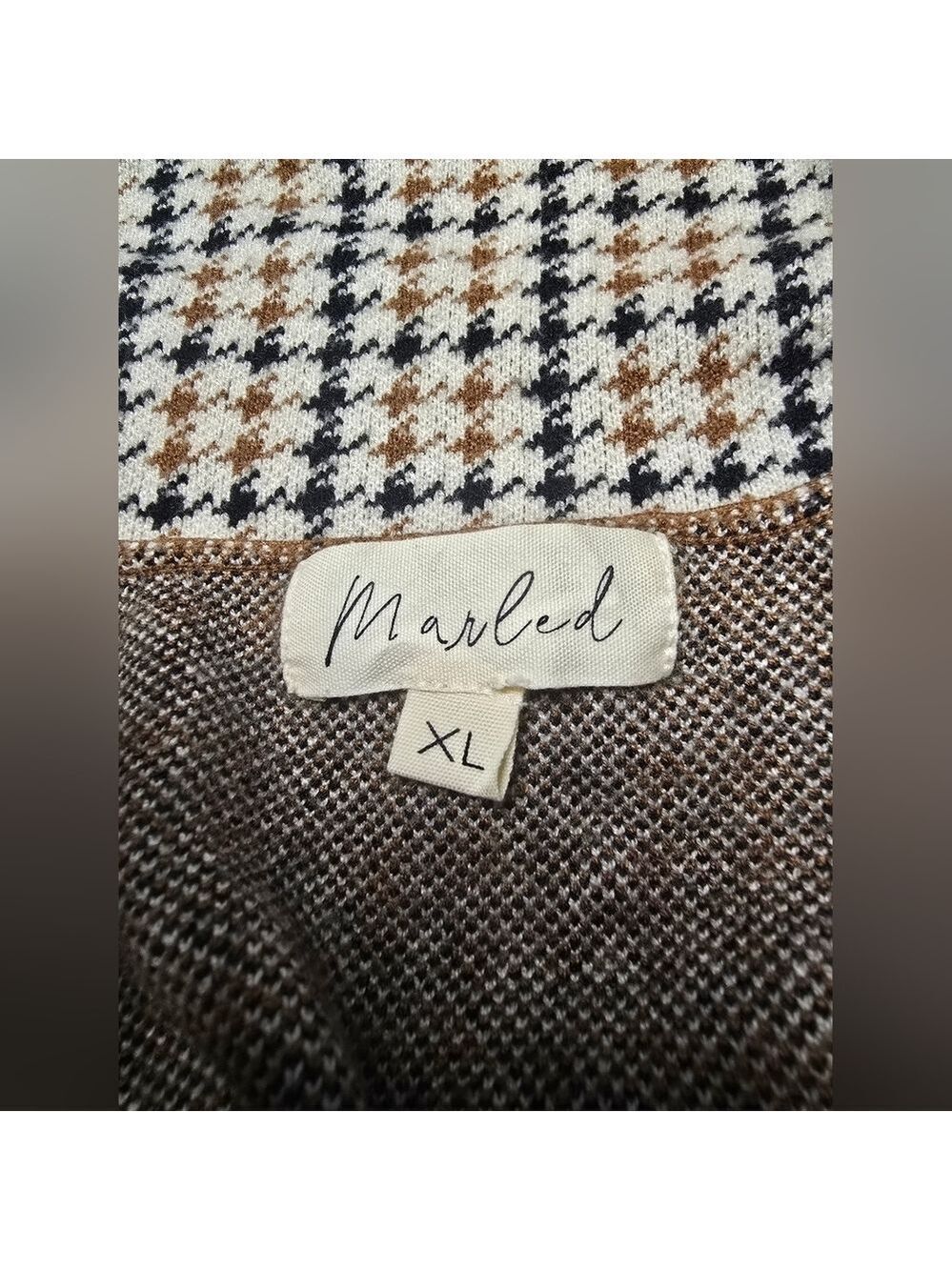 Marled Ivory Brown Black Houndstooth Double Breasted Sweater Jacket XL - Picture 9 of 11